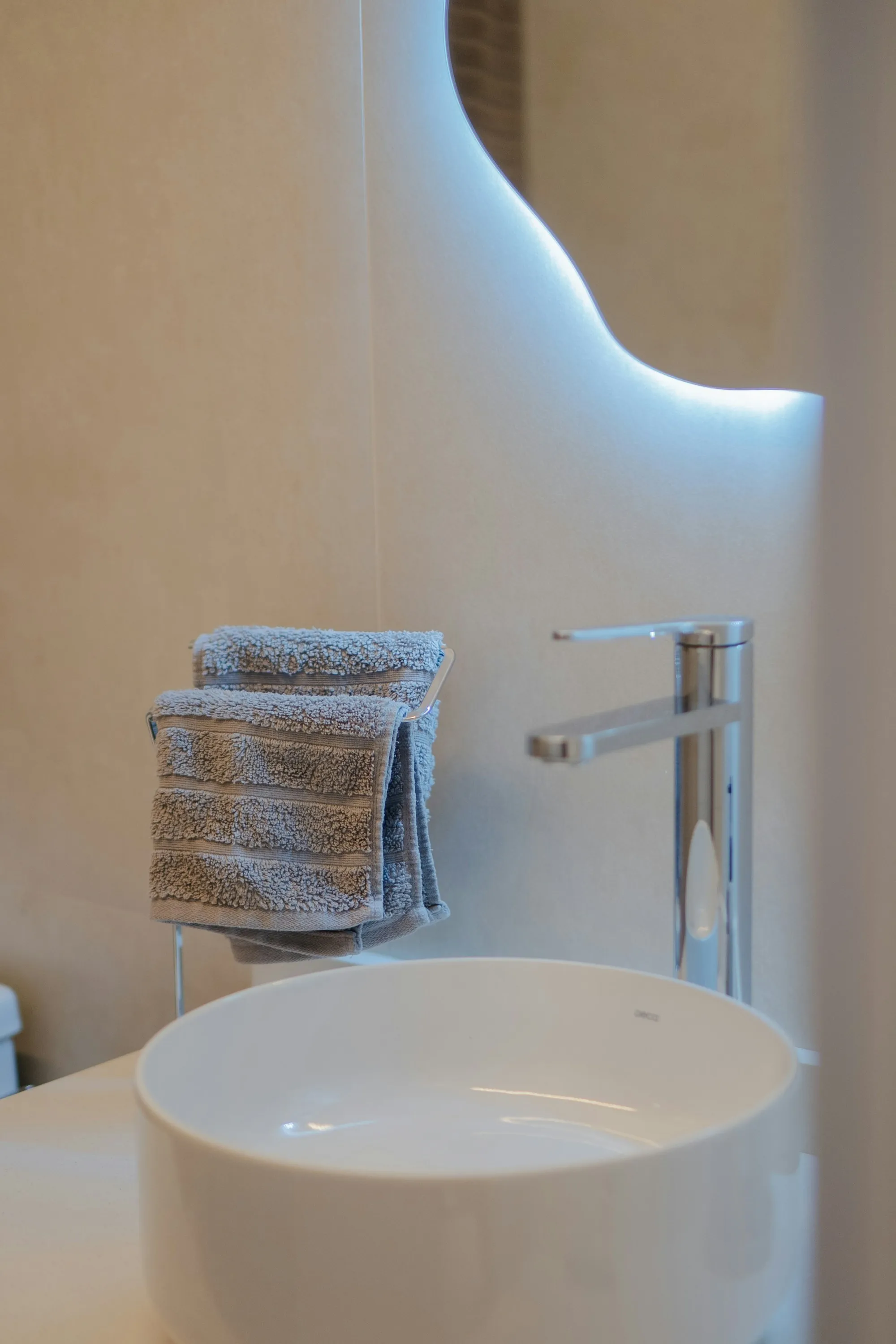A bathroom fitted with a walk-in shower and support rails